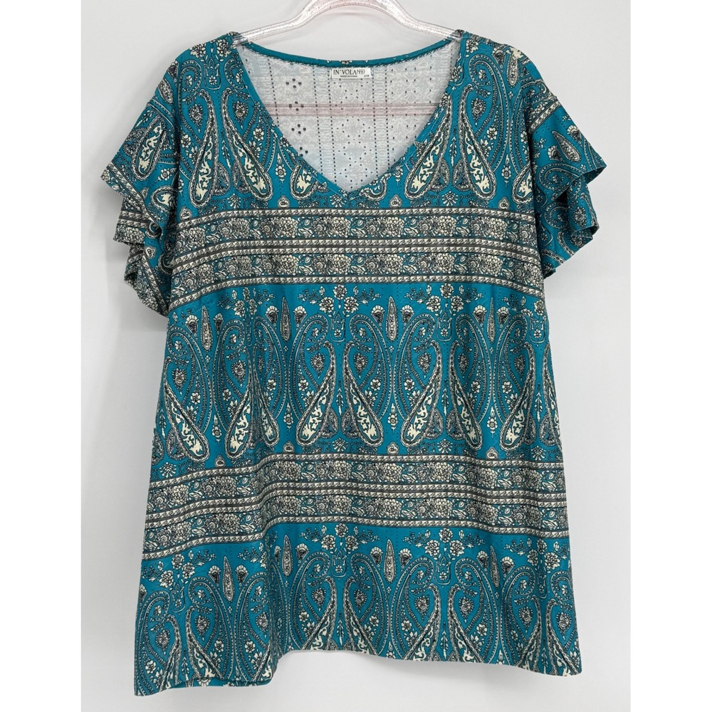 IN'VOLAND Womens Teal Paisley Ruffle‎ Sleeve V-Neck Tunic Blouse Top Plus Sz 22